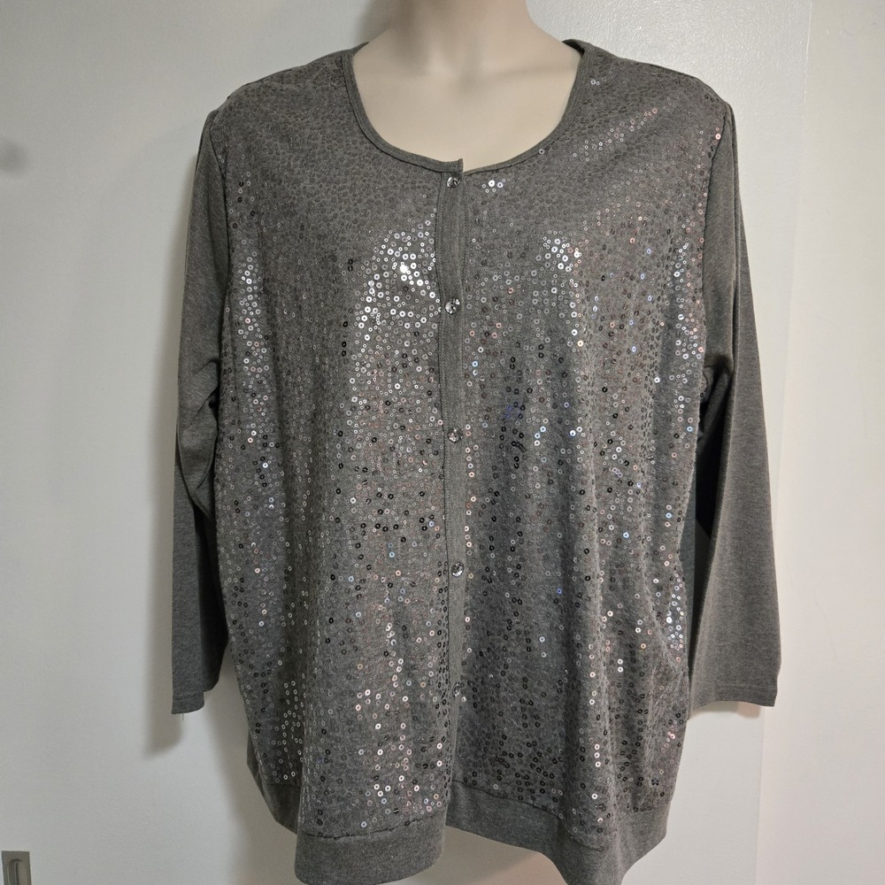 Quacker Factory Sz 3X Gray Sparkle & Shine Sequin Knit Duet Cardigan A218127 NEW